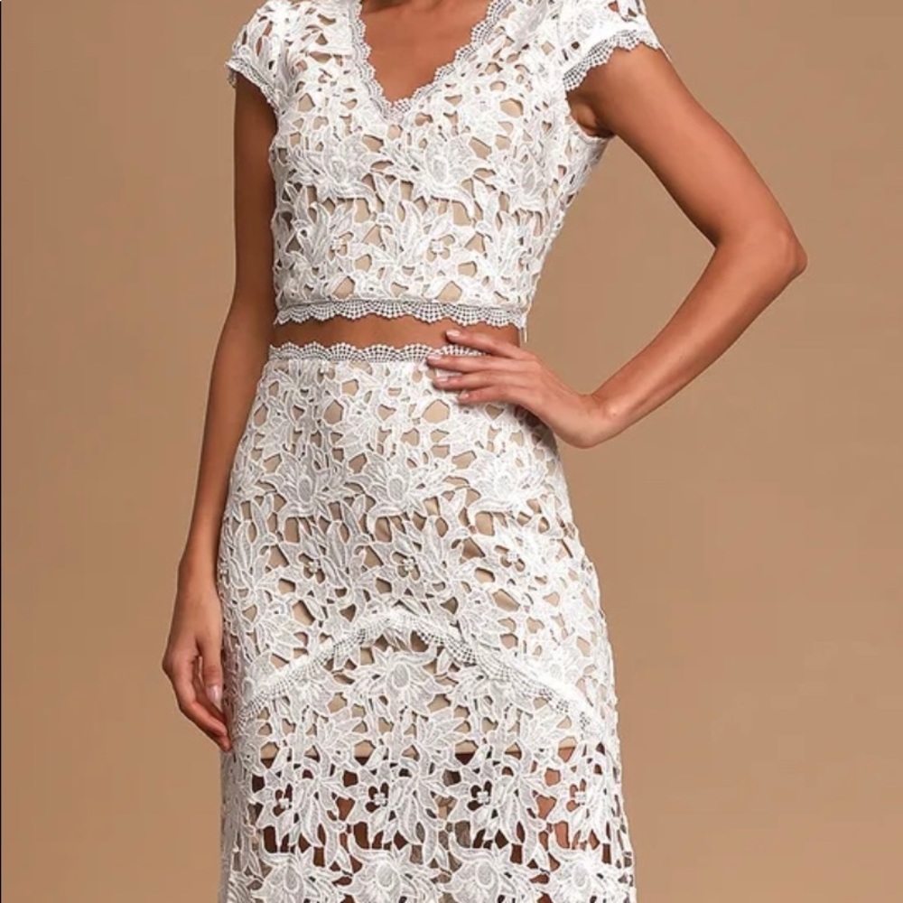 White crochet lace two piece set